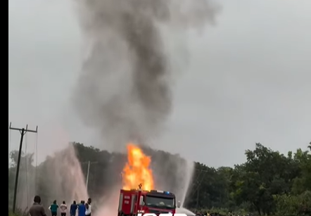 Firefighters battle inferno after tanker overturns on Techiman–Tamale road