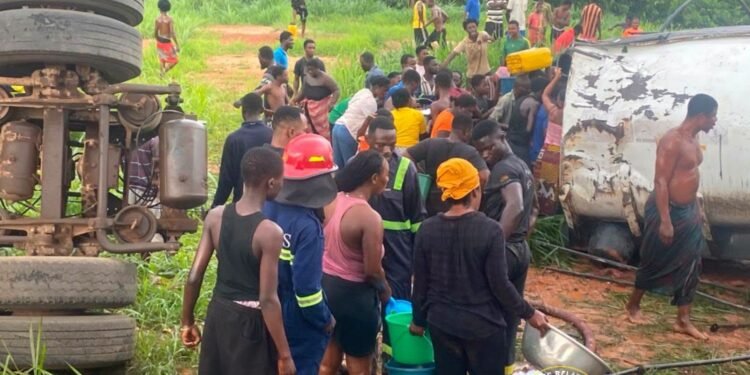 Fuel tanker overturns on Accra-Kumasi Highway after front tyre burst, two injured