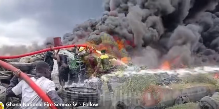 Firefighters battle blaze at tyre processing factory at Shai Hills
